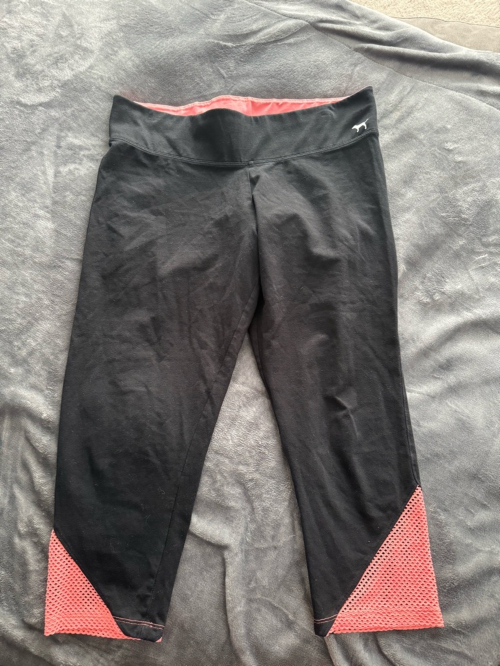 PINK Black Crop Leggings with Coral Mesh Accent